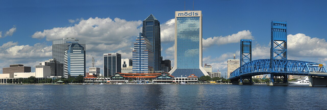 The Jacksonville skyline and blue Main Street Bridge over the St. Johns River